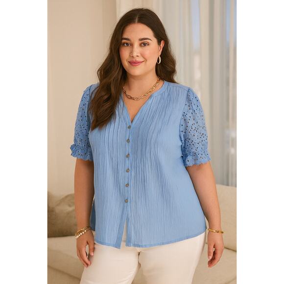 Nanette Lepore Blue Eyelet Sleeve Button Front Blouse Women’s Size L - Picture 1 of 8